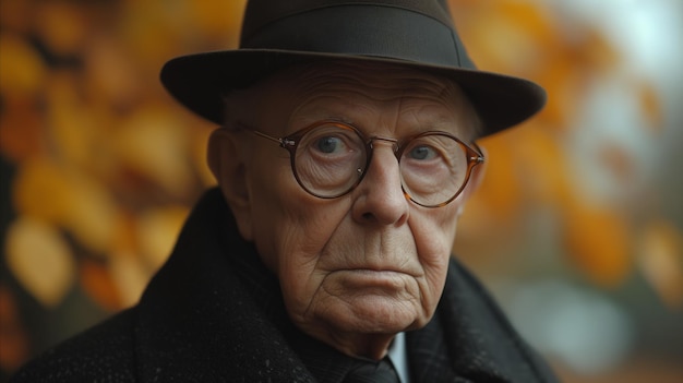 Zdjęcie starszy dżentelmen z kapeluszem i okularami na jesieni