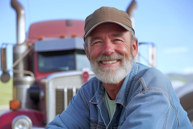 Starszy kierowca ciężarówki uśmiecha się do koncepcji transportu w słoneczny dzień