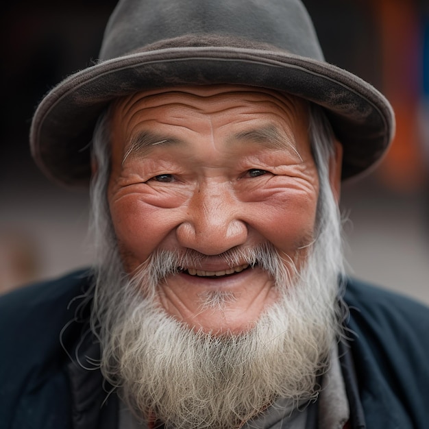 Starszy kirgiski mężczyzna z długą siwą brodą uśmiecha się do portretu