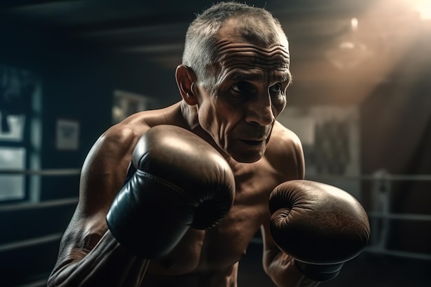 Starszy mężczyzna boksuje w ciemnej sali gimnastycznej