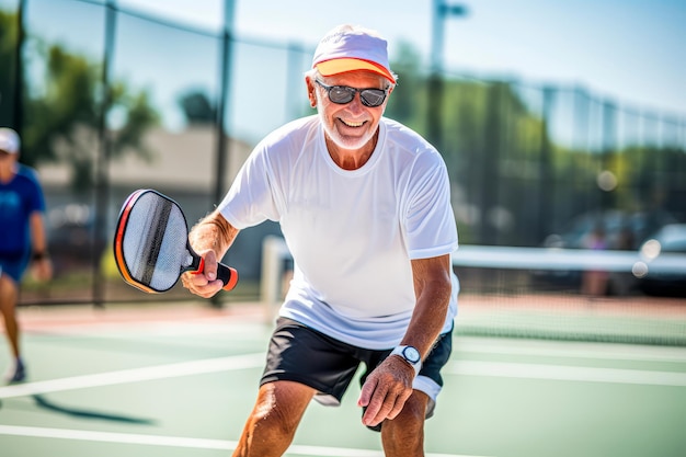 Starszy mężczyzna ćwiczący generatywną sztuczną inteligencję tenisa padel