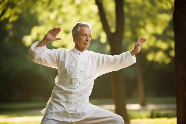 Starszy mężczyzna ćwiczy tai chi w spokojnym parku