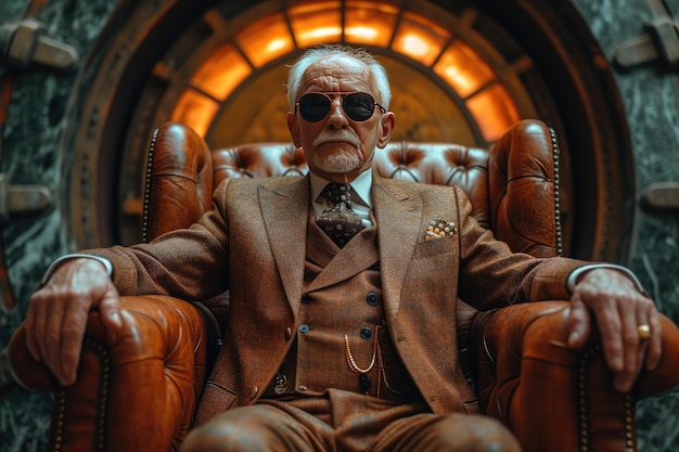 Starszy mężczyzna emituje autorytet i pewność siebie, siedząc na wielkim skórzanym krześle przed dużymi, skomplikowanymi drzwiami skarbca bankowego