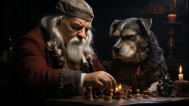 Starszy mężczyzna grający w szachy z psem