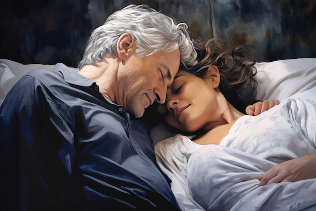 Starszy mężczyzna i kobieta leżą obok siebie w łóżku odzwierciedlając miłość i towarzystwo w ich wspólnym momencie