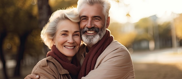Zdjęcie starszy mężczyzna i kobieta szczęśliwie obejmują się na zewnątrz, okazując miłość i radość