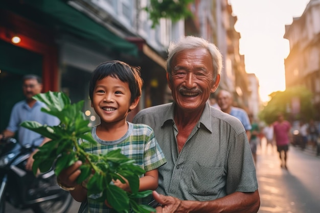 Starszy mężczyzna i mały chłopiec z zielonymi roślinami śmieją się