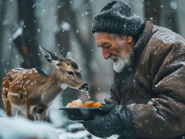 Starszy mężczyzna karmi łagodnego jelenia w śnieżnym lesie