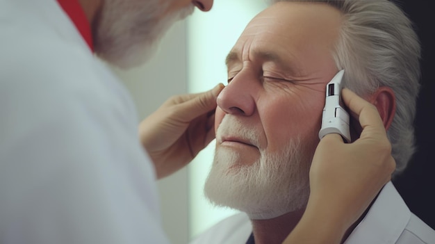 Starszy mężczyzna korzystający z aparatu słuchowego w celu leczenia szumów w uszach w klinice opieki zdrowotnej