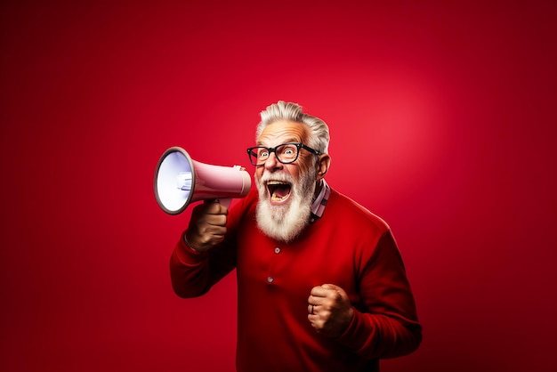 Starszy mężczyzna krzyczy do głośnika odizolowanego na czerwonym tle