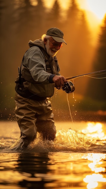 Starszy mężczyzna łowiący ryby podczas wędkowania muchowego w rzece