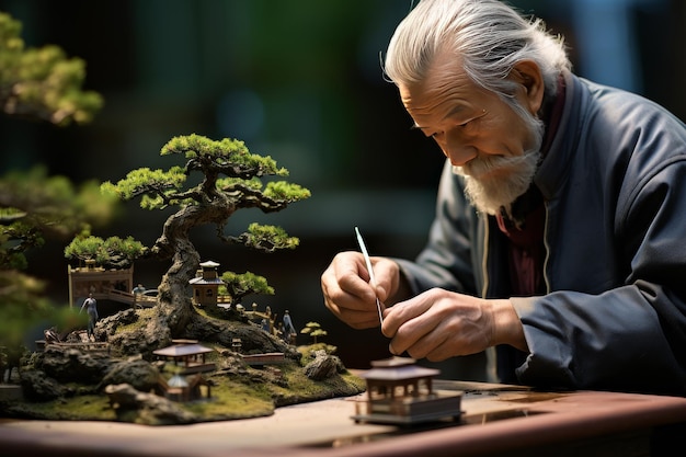 Starszy mężczyzna maluje drzewo bonsai