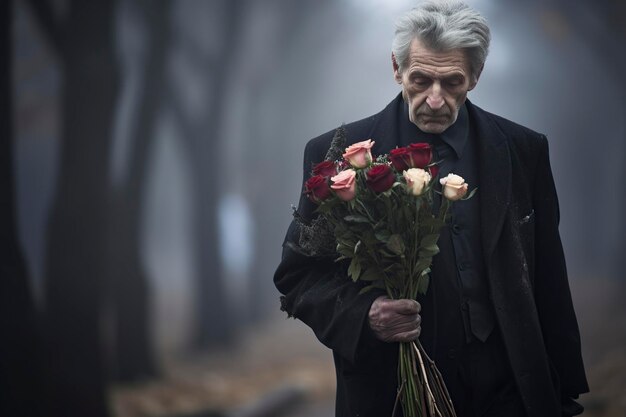 starszy mężczyzna niosący kwiaty na cmentarz