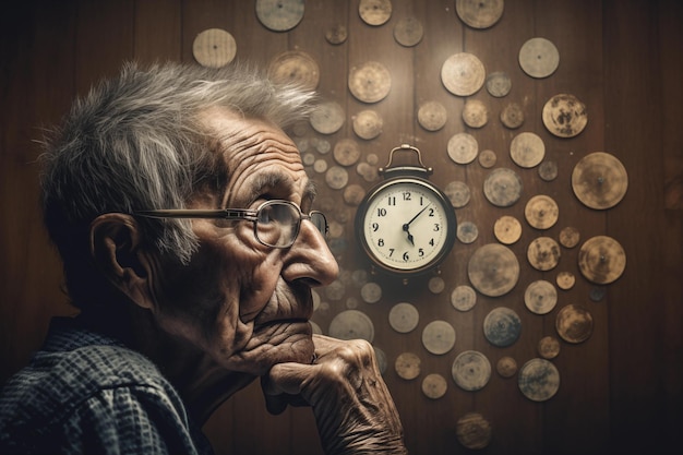 Starszy mężczyzna patrzy na zegar na ścianie w pokoju