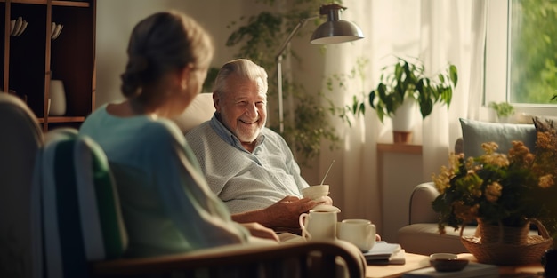 Starszy mężczyzna podczas herbatki opiekun wysłuchuje opowieści i wspomnień z życia starszego pacjenta