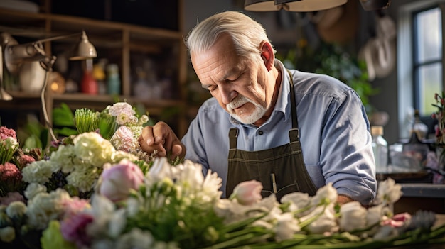Starszy mężczyzna pracuje w sklepie z kwiatami