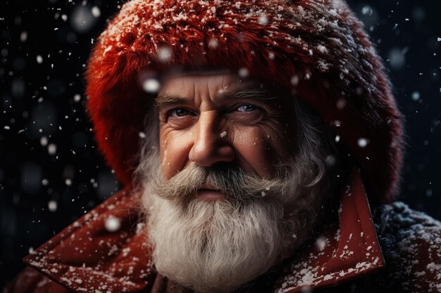 Starszy mężczyzna przypominający Świętego Mikołaja w śniegu na czarnym tle
