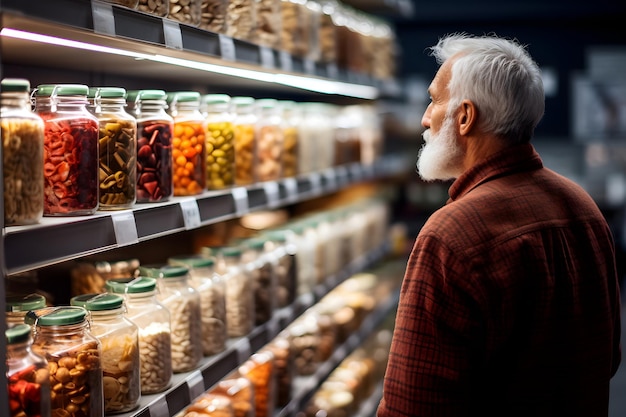 Starszy mężczyzna rasy kaukaskiej wybierający produkt w sieci neuronowej sklepu spożywczego wygenerował fotorealistyczny obraz