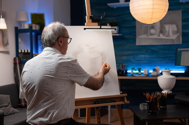 Starszy mężczyzna rysunek oryginalny rysunek ołówkiem gipsu wazon, uczucie kreatywne na sztalugach w domowym studio. Emerytowany artysta tworzący autentyczny szkic projektu w studium świetlnym podczas wieczornych warsztatów.