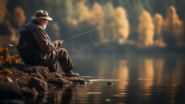 Zdjęcie starszy mężczyzna samodzielnie łowi ryby, siedząc przy jeziorze w zmierzchu i relaksując się.