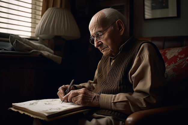 Starszy mężczyzna siedzący przy biurku z długopisem Generative Ai