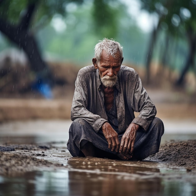 Starszy mężczyzna siedzący w kontakcie z deszczem w porze suchej globalne ocieplenie