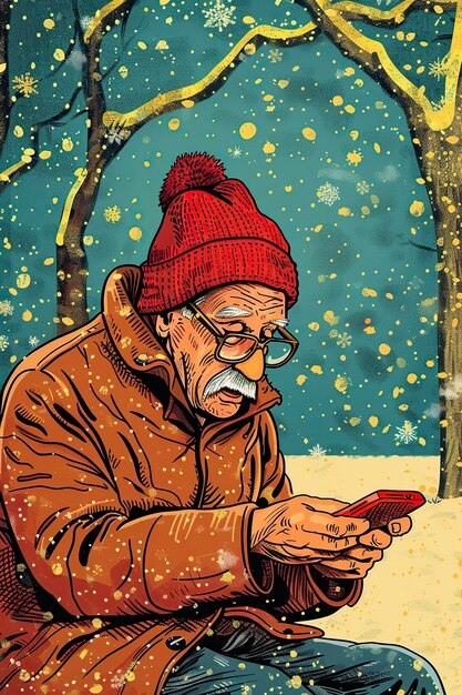 Starszy mężczyzna siedzący w śniegu używający telefonu komórkowego