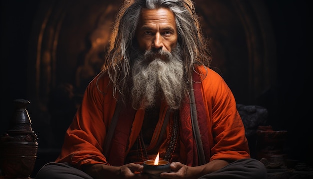 Starszy mężczyzna siedzi i medytuje, modląc się, trzymając świecę i wyglądając spokojnie, wygenerowaną przez sztuczną inteligencję