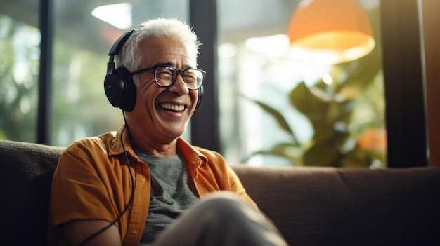 Starszy mężczyzna słucha muzyki przez słuchawki na wakacjach w słoneczny dzień na plaży lub na emeryturze