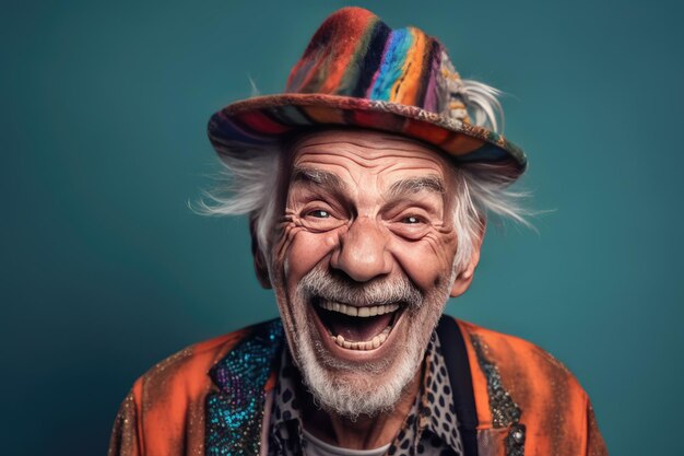 Starszy mężczyzna śmieje się z kolorowym hatxA