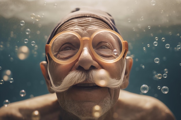 Starszy mężczyzna snorkeling z bąbelkami Męska maska zabawa Generuj sztuczną inteligencję