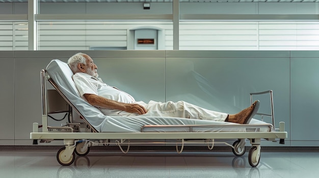Zdjęcie starszy mężczyzna spokojnie spoczywa na łóżku szpitalnym w spokojnym pokoju miękkie światło filtra przez okno podkreślając jego nieruchoma postać