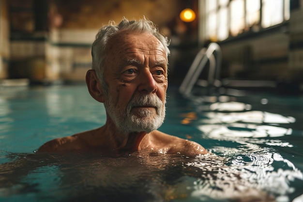Starszy mężczyzna stojący w krytym basenie
