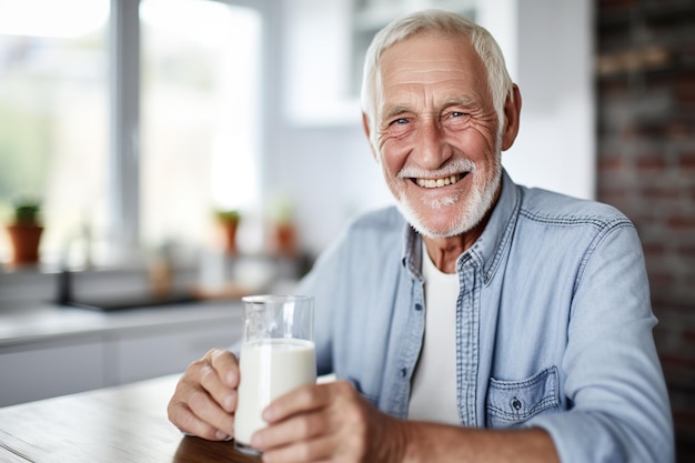Starszy mężczyzna trzyma w dłoni szklankę świeżego mleka