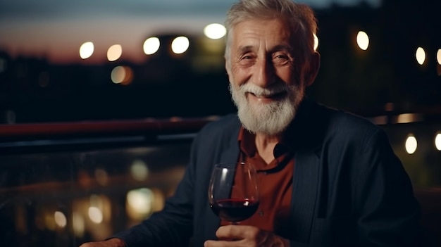 Starszy mężczyzna uśmiecha się podczas picia wina na tarasie wieczorem Generative AI