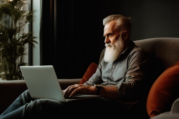 Starszy mężczyzna używający laptopa do wykonywania pracy generowanej przez AI