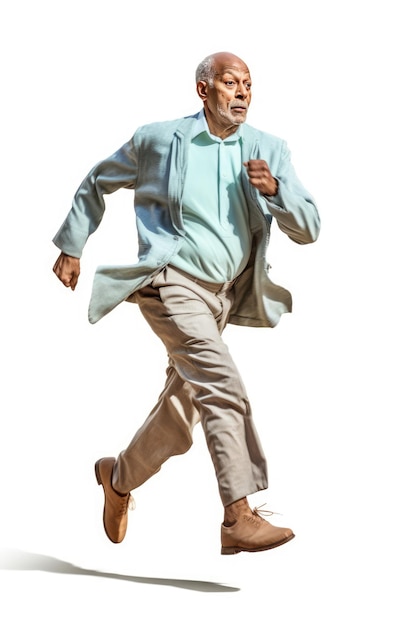 Starszy mężczyzna w garniturze biegający po otwartej przestrzeni