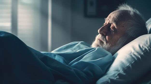 Starszy mężczyzna w łóżku w zbliżeniu Opieka nad starszymi opieka hospicyjna Opieka długoterminowa dla starszych rehabilitacja