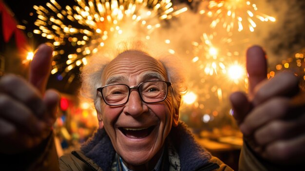 Starszy mężczyzna w okularach patrzy w górę i śmieje się z radości na pokaz fajerwerków na nocnym niebie otoczony tłem świecących świateł bokeh