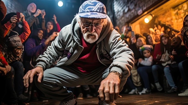 Starszy mężczyzna wykonujący ruch breakdance w środku bitwy tanecznej otoczony przez cheering tłum setek