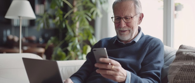 Starszy mężczyzna wykonujący wiele zadań za pomocą smartfonu i laptopa w przytulnym otoczeniu domowym