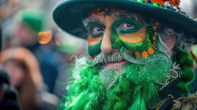 Zdjęcie starszy mężczyzna z czerwoną brodą na paradzie dnia św. patryka ubrany jako leprechaun z zielonym topem