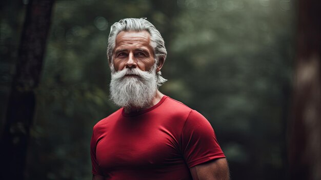 Starszy mężczyzna z długą białą brodą i czerwoną koszulką Światowy Dzień Raka