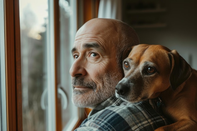 Starszy mężczyzna z psem patrzący przez okno w kontemplacji