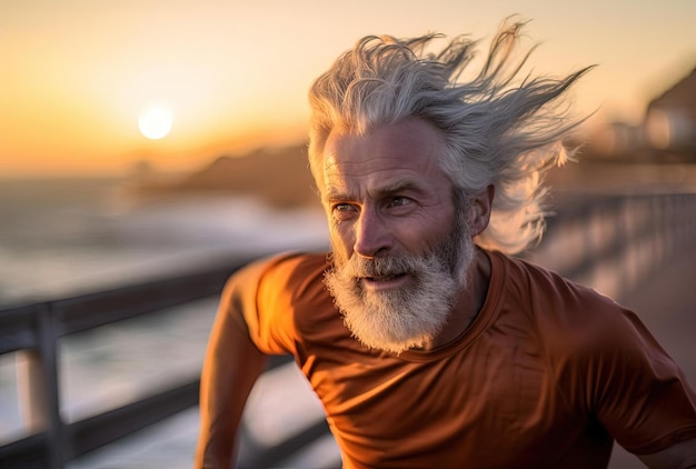 starszy mężczyzna z siwymi włosami biegający wzdłuż wybrzeża w stylu jasnopomarańczowego i bursztynowego
