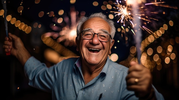 Starszy mężczyzna z szerokim radosnym śmiechem trzyma błyszczący błyszcząc błyskawicę uchwycając chwilę czystej uroczystości i rozkoszy