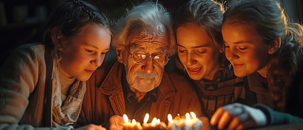 Starszy mężczyzna zapala świece urodzinowe ze swoimi bliskimi.