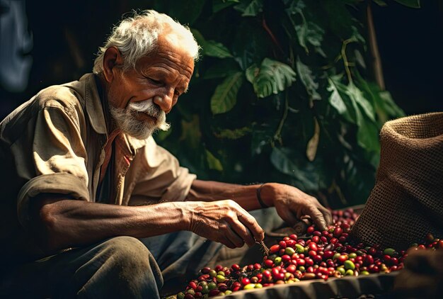starszy mężczyzna zbiera ziarna kawy na farmie w stylu ciepłej palety kolorów