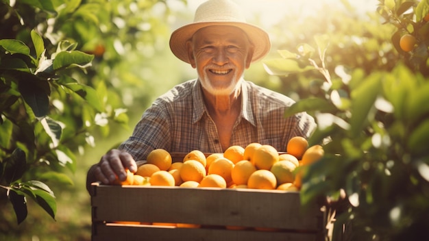 Starszy mężczyzna zbierający pomarańcze w ogrodzie