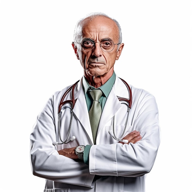 Starszy mężczyzna ze stetoskopem na szyi stoi ze skrzyżowanymi rękami.